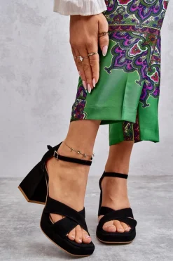 Discount Damskie Zamszowe Sandały Na Obcasie Lewski Shoes 3221 Czarne Damskie Sandały Na Obcasie