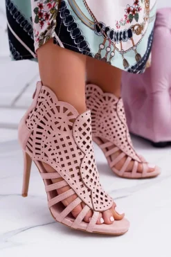 Hot Damskie Zamszowe Sandały na Szpilce Pudrowy Róż Viviane Damskie Sandały Na Obcasie