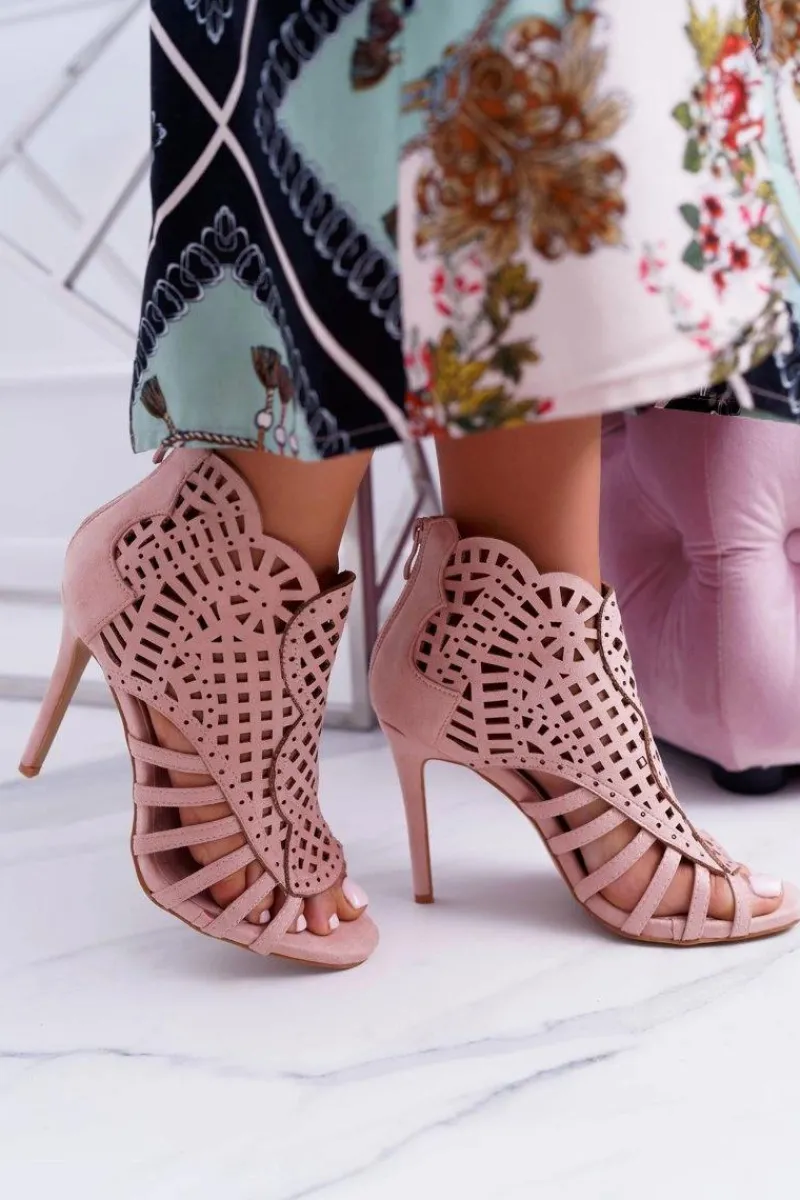 Hot Damskie Zamszowe Sandały na Szpilce Pudrowy Róż Viviane Damskie Sandały Na Obcasie