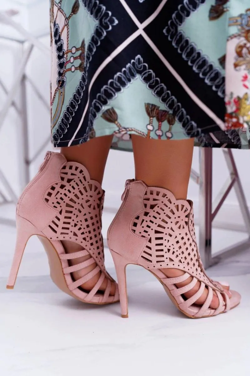 Hot Damskie Zamszowe Sandały na Szpilce Pudrowy Róż Viviane Damskie Sandały Na Obcasie