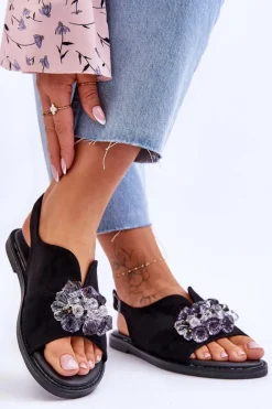 Online Damskie Zamszowe Sandały Z Kamieniami Czarne Mersea Damskie Sandały Płaskie