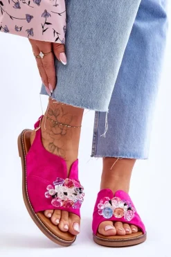 Outlet Damskie Zamszowe Sandały Z Kamieniami Fuksja Mersea Damskie Sandały Płaskie