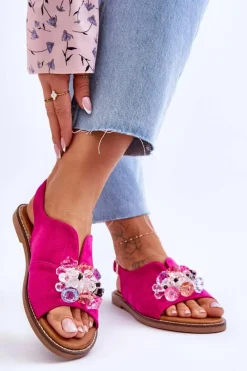 Outlet Damskie Zamszowe Sandały Z Kamieniami Fuksja Mersea Damskie Sandały Płaskie