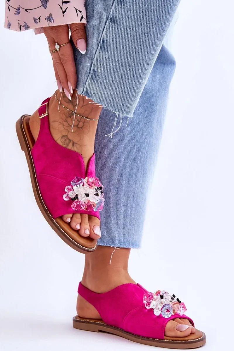 Outlet Damskie Zamszowe Sandały Z Kamieniami Fuksja Mersea Damskie Sandały Płaskie