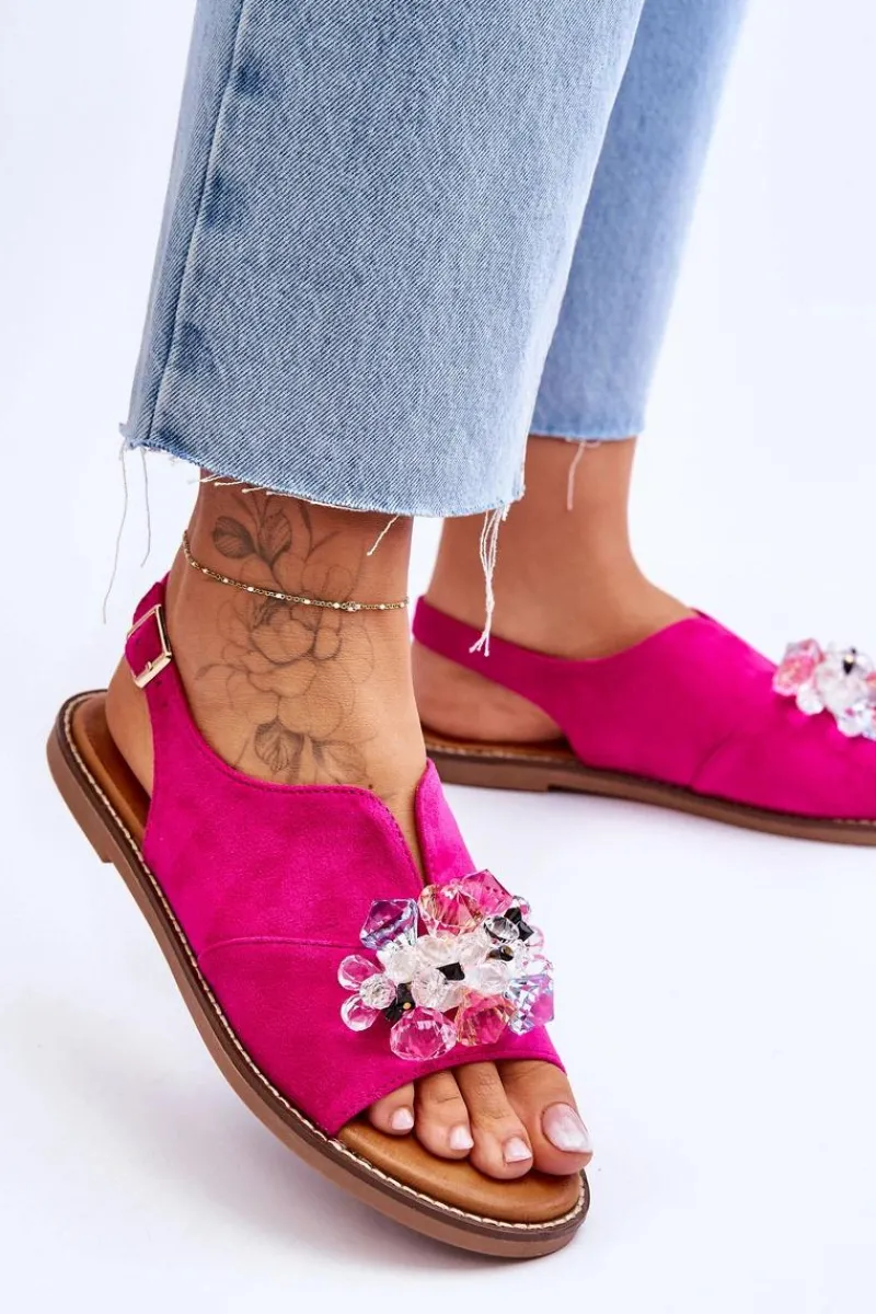 Outlet Damskie Zamszowe Sandały Z Kamieniami Fuksja Mersea Damskie Sandały Płaskie