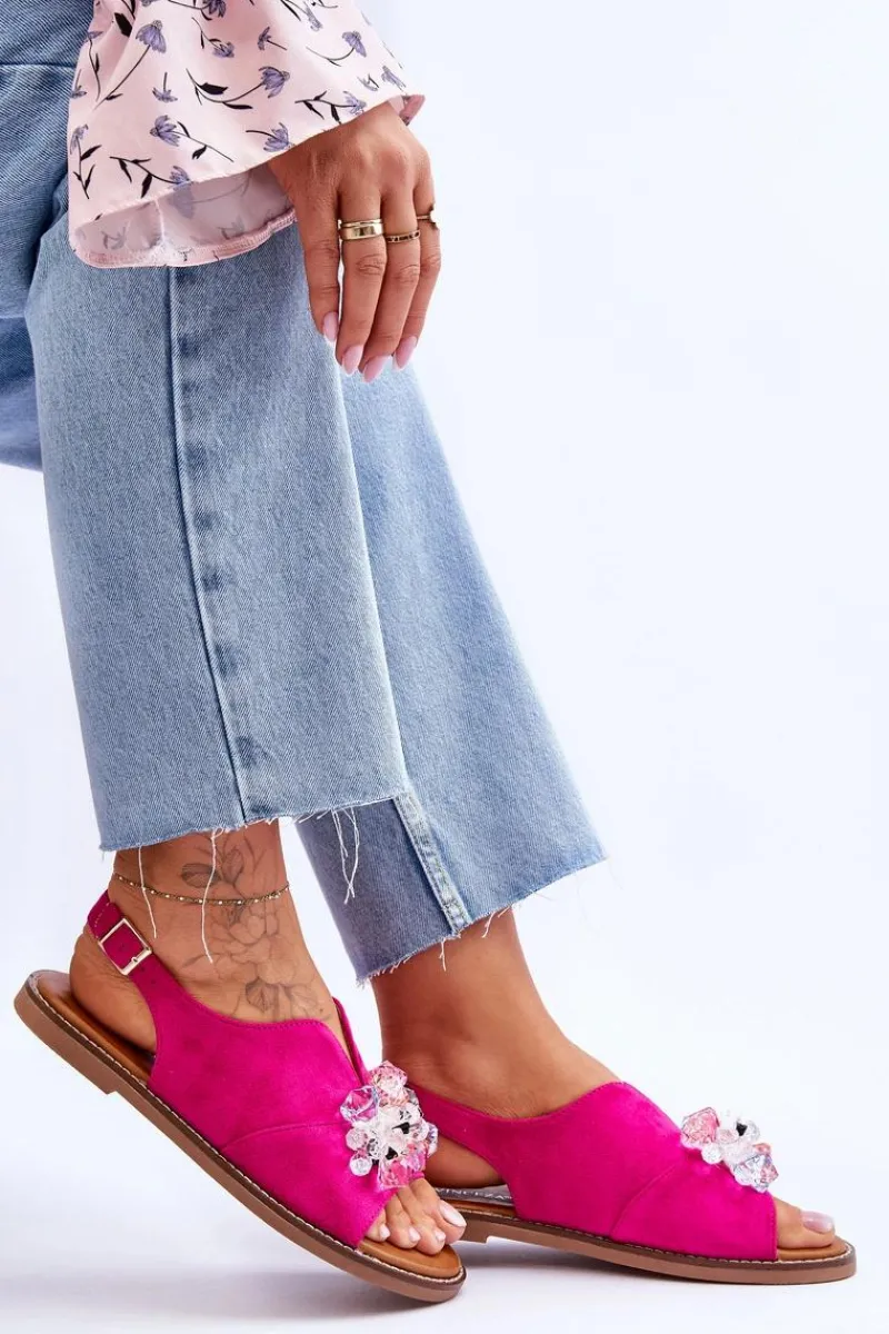 Outlet Damskie Zamszowe Sandały Z Kamieniami Fuksja Mersea Damskie Sandały Płaskie