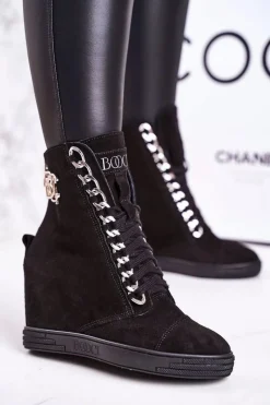 Sneakersy Damskie|Botki Na Koturnie>Boto Damskie Zamszowe Sneakersy BOOCI 2222/066/s Srebrny Łańcuch Czarne