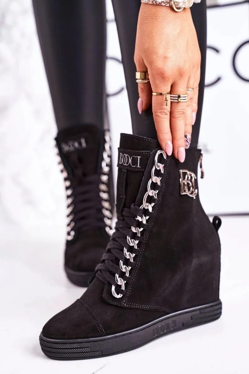 Sneakersy Damskie|Botki Na Koturnie>Boto Damskie Zamszowe Sneakersy BOOCI 2222/066/s Srebrny Łańcuch Czarne