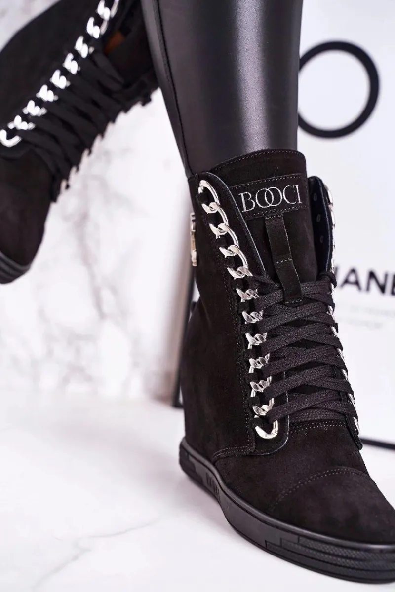 Sneakersy Damskie|Botki Na Koturnie>Boto Damskie Zamszowe Sneakersy BOOCI 2222/066/s Srebrny Łańcuch Czarne