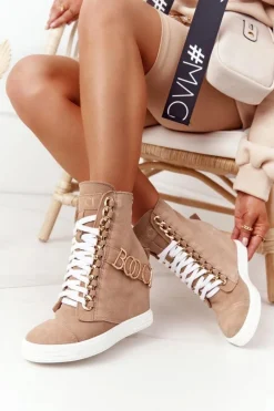 Sneakersy Damskie|Botki Na Koturnie>Boto Damskie Zamszowe Sneakersy BOOCI Złote Litery Jasny Camel