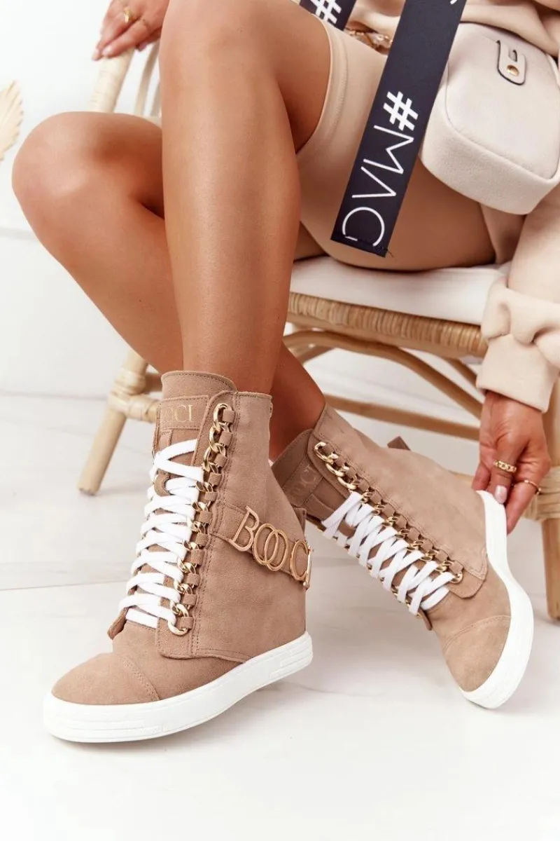 Sneakersy Damskie|Botki Na Koturnie>Boto Damskie Zamszowe Sneakersy BOOCI Złote Litery Jasny Camel