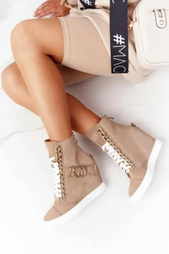 Sneakersy Damskie|Botki Na Koturnie>Boto Damskie Zamszowe Sneakersy BOOCI Złote Litery Jasny Camel