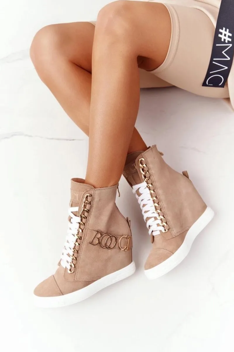 Sneakersy Damskie|Botki Na Koturnie>Boto Damskie Zamszowe Sneakersy BOOCI Złote Litery Jasny Camel