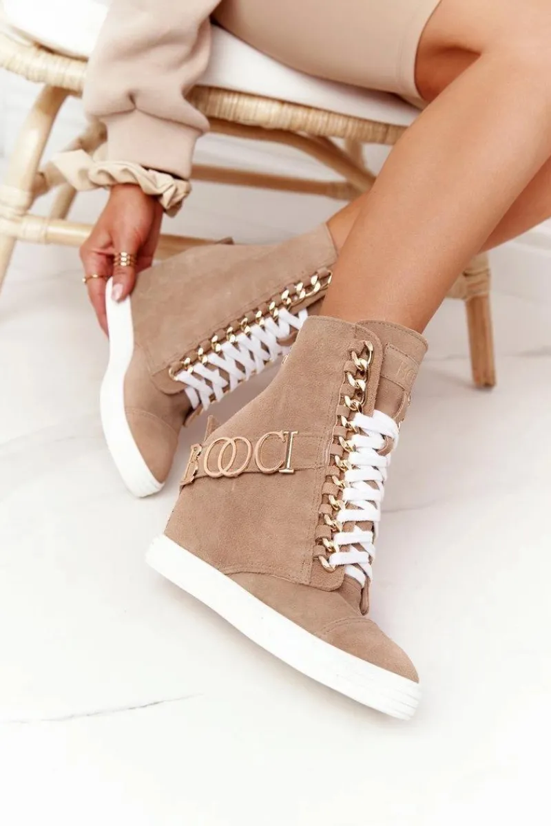 Sneakersy Damskie|Botki Na Koturnie>Boto Damskie Zamszowe Sneakersy BOOCI Złote Litery Jasny Camel