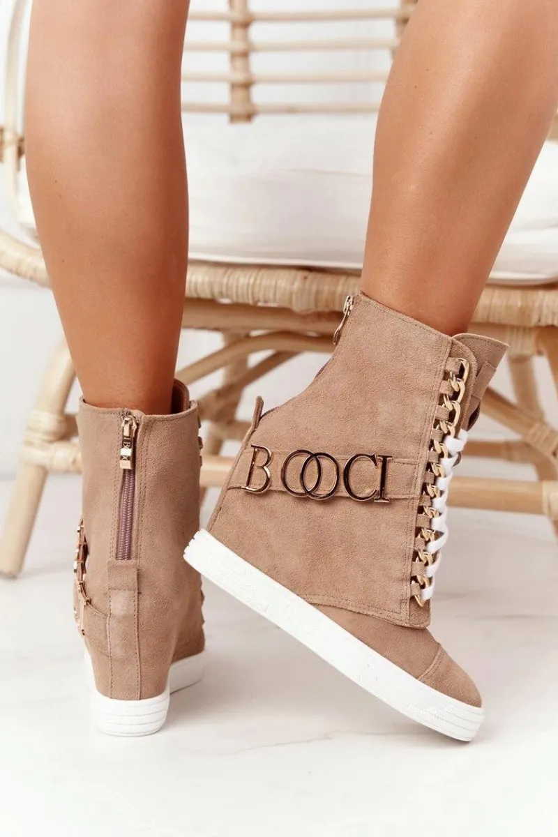 Sneakersy Damskie|Botki Na Koturnie>Boto Damskie Zamszowe Sneakersy BOOCI Złote Litery Jasny Camel