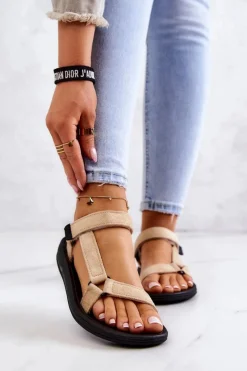 Discount Damskie Zamszowe Sportowe Sandały Beżowe Harris Damskie Sandały Płaskie