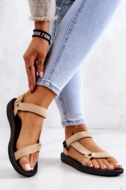 Discount Damskie Zamszowe Sportowe Sandały Beżowe Harris Damskie Sandały Płaskie