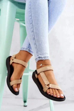 Discount Damskie Zamszowe Sportowe Sandały Beżowe Harris Damskie Sandały Płaskie