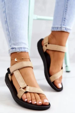 Discount Damskie Zamszowe Sportowe Sandały Beżowe Harris Damskie Sandały Płaskie