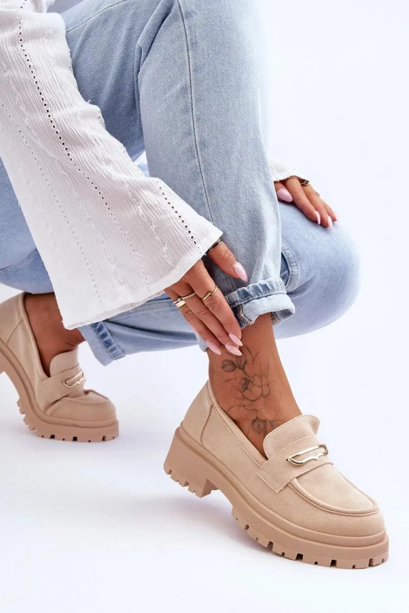 New Damskie Zamszowe Wsuwane Mokasyny Beżowe Pure Love Damskie Mokasyny Na Platformie|Mokasyny Damskie Zamszowe