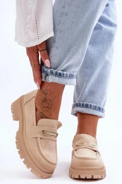 New Damskie Zamszowe Wsuwane Mokasyny Beżowe Pure Love Damskie Mokasyny Na Platformie|Mokasyny Damskie Zamszowe