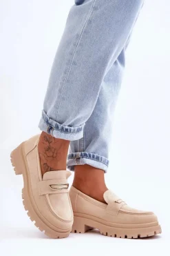 New Damskie Zamszowe Wsuwane Mokasyny Beżowe Pure Love Damskie Mokasyny Na Platformie|Mokasyny Damskie Zamszowe