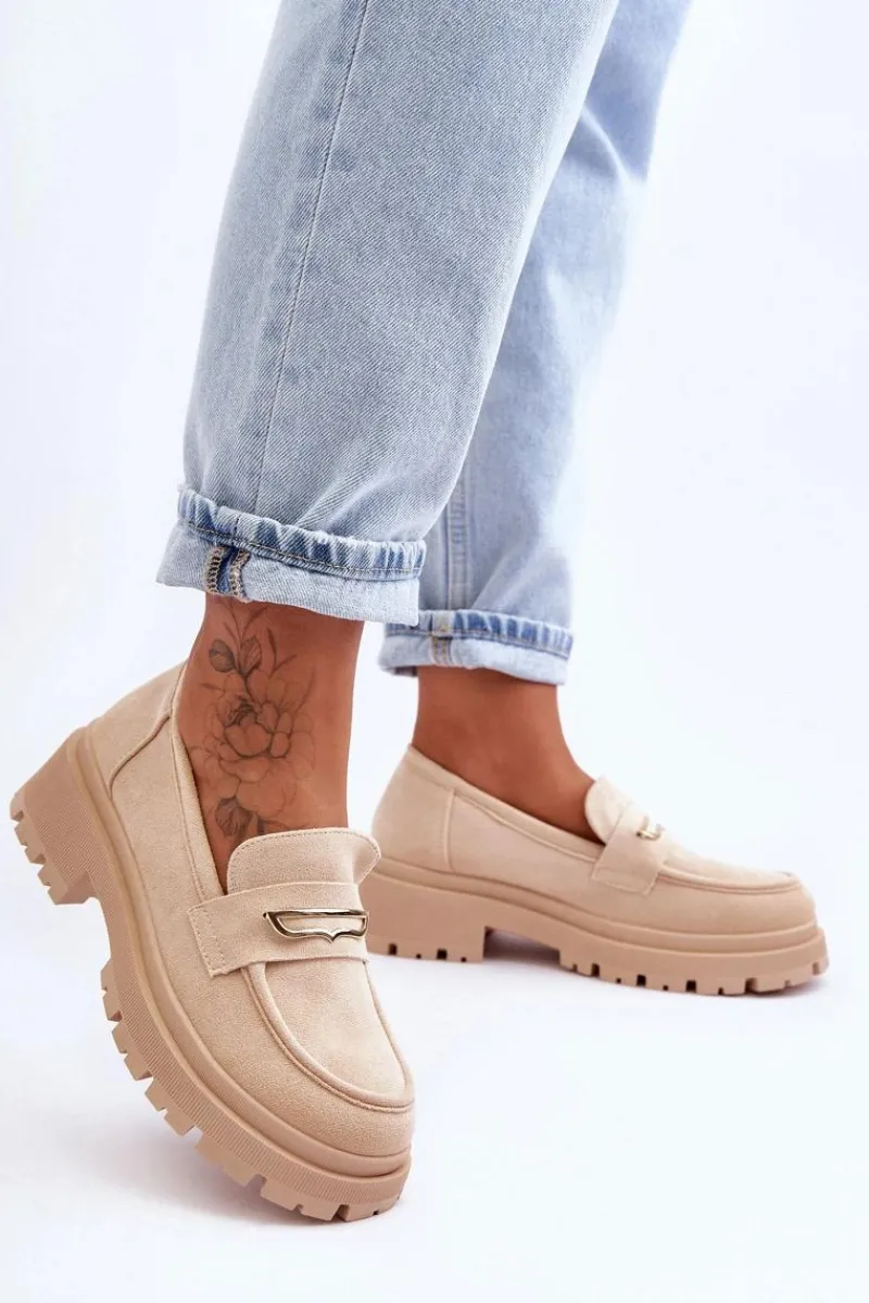 New Damskie Zamszowe Wsuwane Mokasyny Beżowe Pure Love Damskie Mokasyny Na Platformie|Mokasyny Damskie Zamszowe