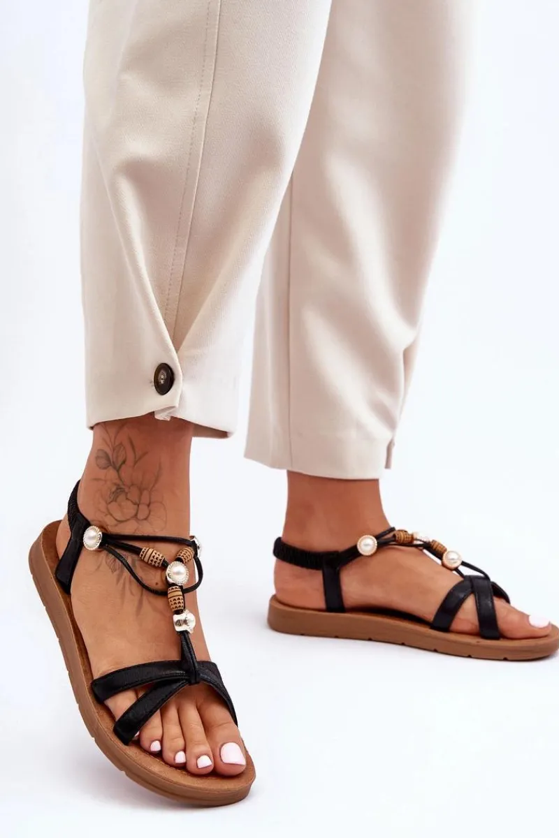 Damskie Zdobione Błyszczące Sandały Czarne Midol Damskie Sandały Płaskie