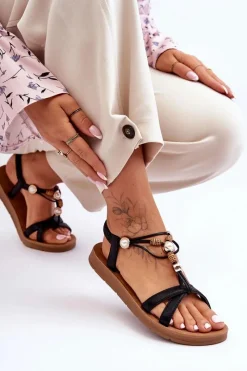 Damskie Zdobione Błyszczące Sandały Czarne Midol Damskie Sandały Płaskie