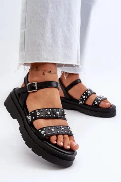 Sandały Płaskie>Boto Damskie Zdobione Sandały Eko Skóra Czarne Arcida