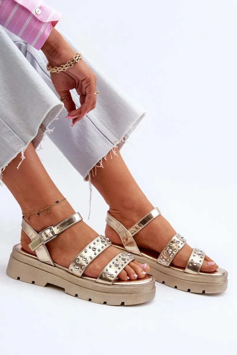 Damskie Zdobione Sandały Eko Skóra Złote Arcida Damskie Sandały Płaskie