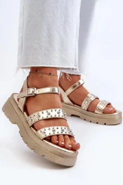 Damskie Zdobione Sandały Eko Skóra Złote Arcida Damskie Sandały Płaskie