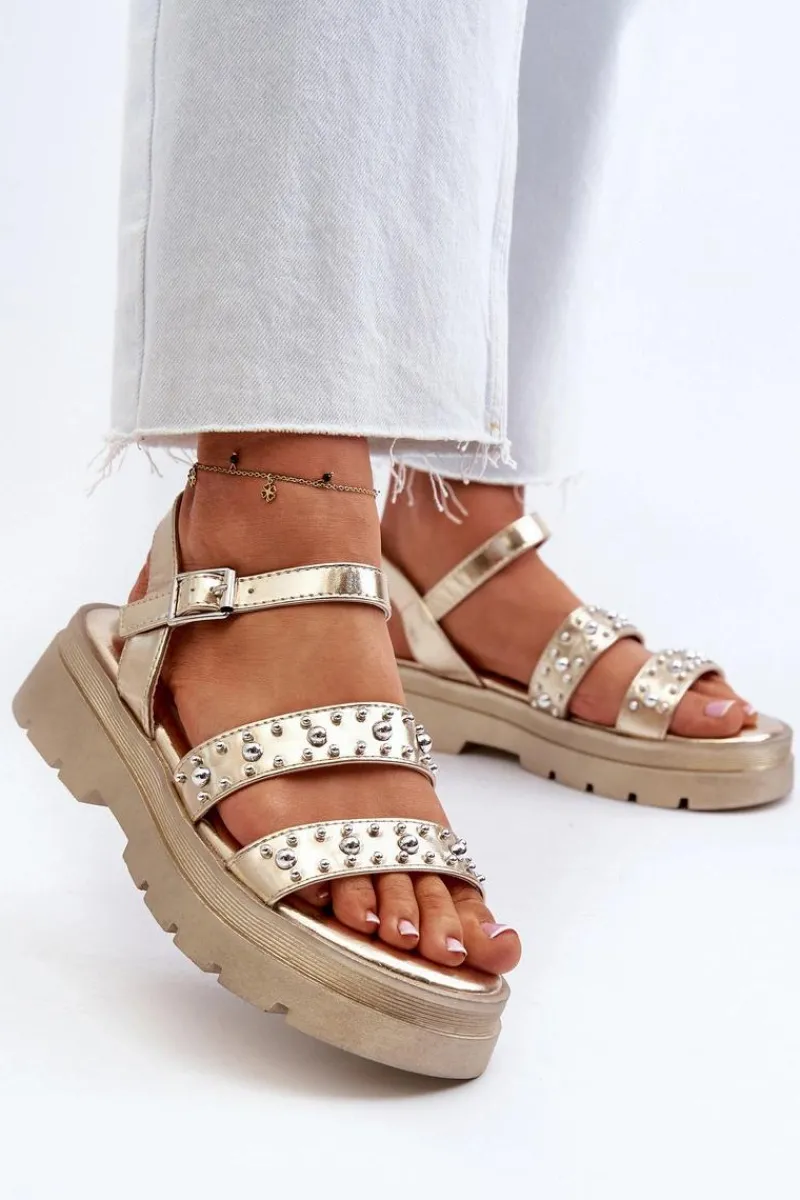 Damskie Zdobione Sandały Eko Skóra Złote Arcida Damskie Sandały Płaskie