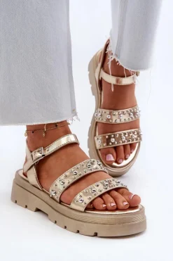 Damskie Zdobione Sandały Eko Skóra Złote Arcida Damskie Sandały Płaskie