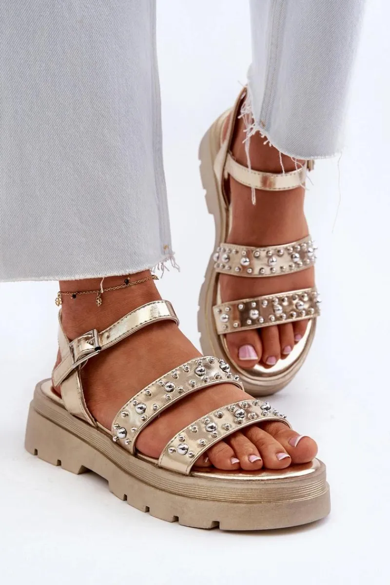 Damskie Zdobione Sandały Eko Skóra Złote Arcida Damskie Sandały Płaskie