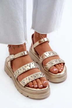 Damskie Zdobione Sandały Eko Skóra Złote Arcida Damskie Sandały Płaskie