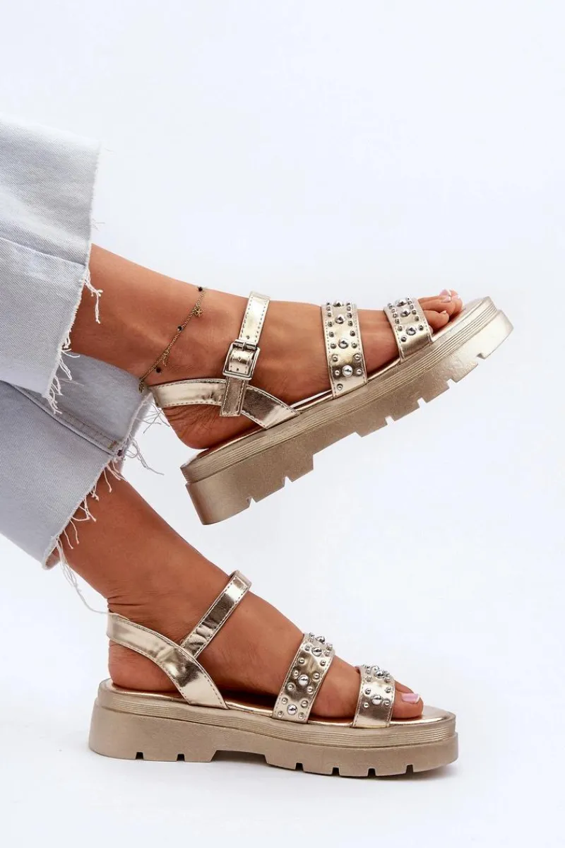 Damskie Zdobione Sandały Eko Skóra Złote Arcida Damskie Sandały Płaskie