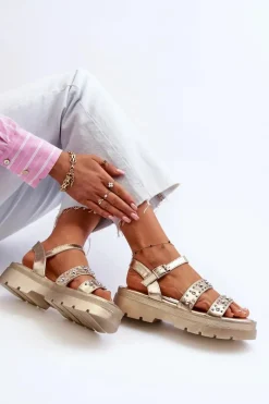 Damskie Zdobione Sandały Eko Skóra Złote Arcida Damskie Sandały Płaskie