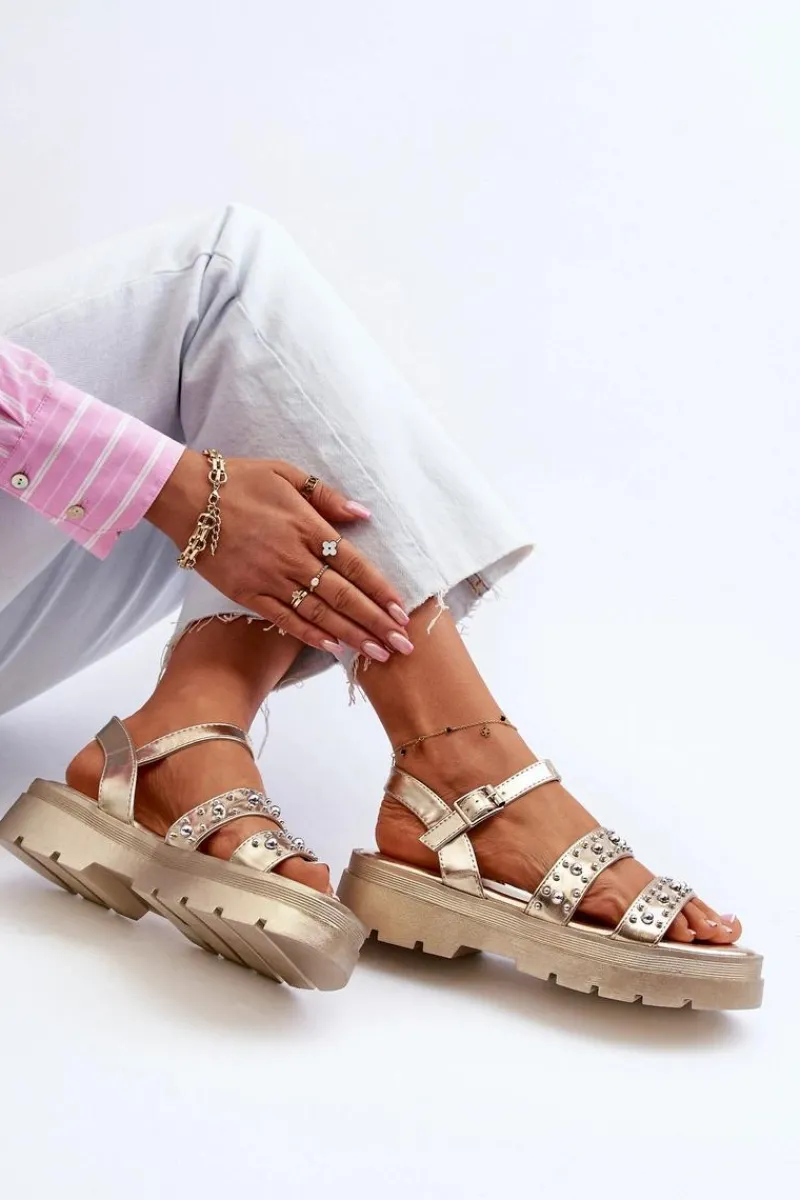 Damskie Zdobione Sandały Eko Skóra Złote Arcida Damskie Sandały Płaskie