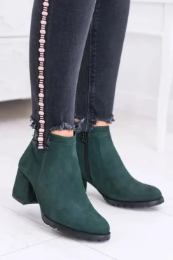 Outlet Boto Damskie Zielone Skórzane Botki Na Słupku Nicole