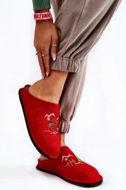 Clearance Domowe Papcie Big Star KK276017 Czerwono-Beżowe Damskie Kapcie Klasyczne