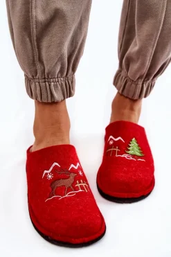 Clearance Domowe Papcie Big Star KK276017 Czerwono-Beżowe Damskie Kapcie Klasyczne