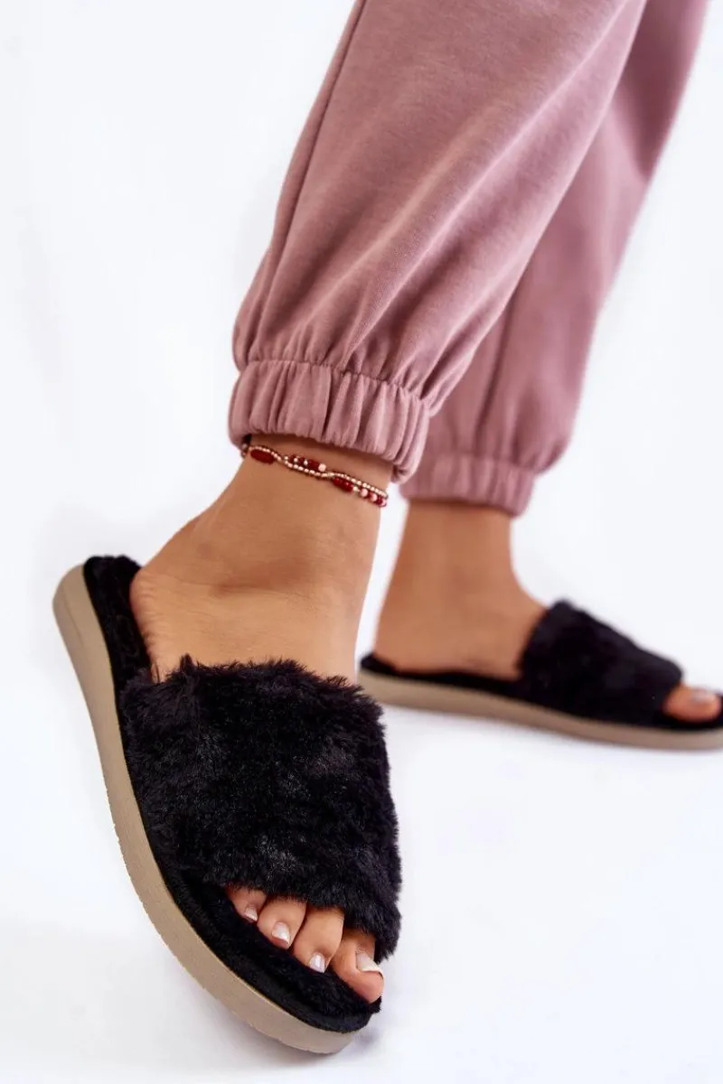 New INBLU Domowe Papcie Klapki Z Futerkiem EK-05-014 Czarne