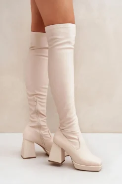 Kozaki Ocieplane|Muszkieterki>Boto Dopasowane Kozaki Za Kolano Na Słupku Jasnobeżowe Sanniraen Beżowy