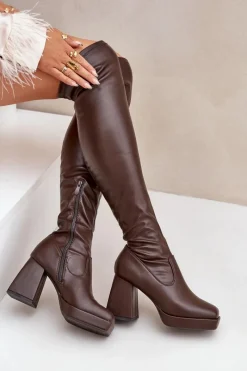 Kozaki Ocieplane|Muszkieterki>Boto Dopasowane Kozaki Za Kolano Na Słupku Ciemnobrązowe Sanniraen