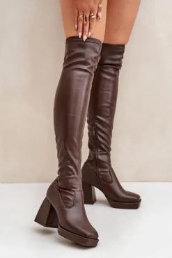 Kozaki Ocieplane|Muszkieterki></noscript>Boto Dopasowane Kozaki Za Kolano Na Słupku Ciemnobrązowe Sanniraen