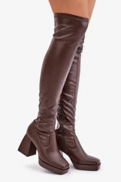 Kozaki Ocieplane|Muszkieterki></noscript>Boto Dopasowane Kozaki Za Kolano Na Słupku Ciemnobrązowe Sanniraen