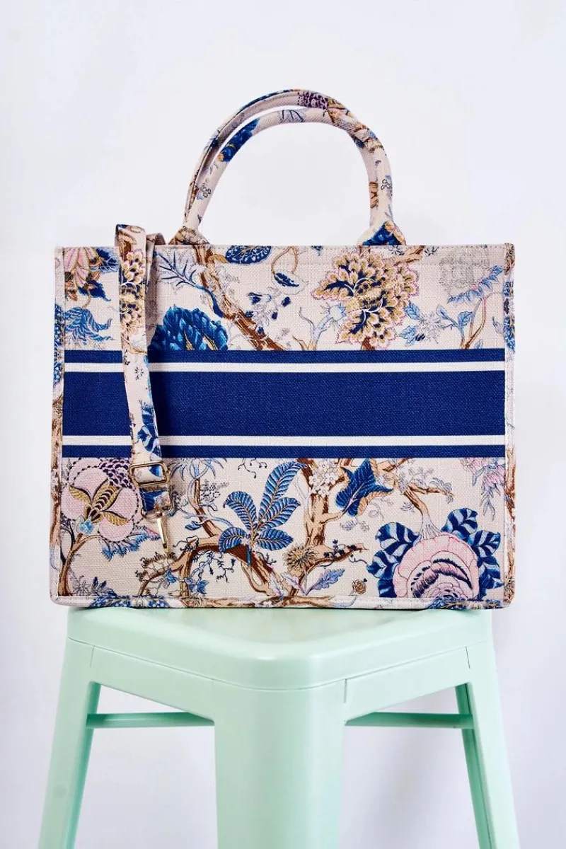 Torebki Klasyczne>Boto Duża Klasyczna Torebka W Print Beżowo-Niebieska Micola