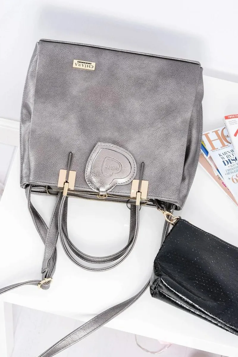 Torebki Nobo|Torebki Kuferki>Boto Duża Srebrna Torebka Damska + Saszetka + Lustereczko POLSKA