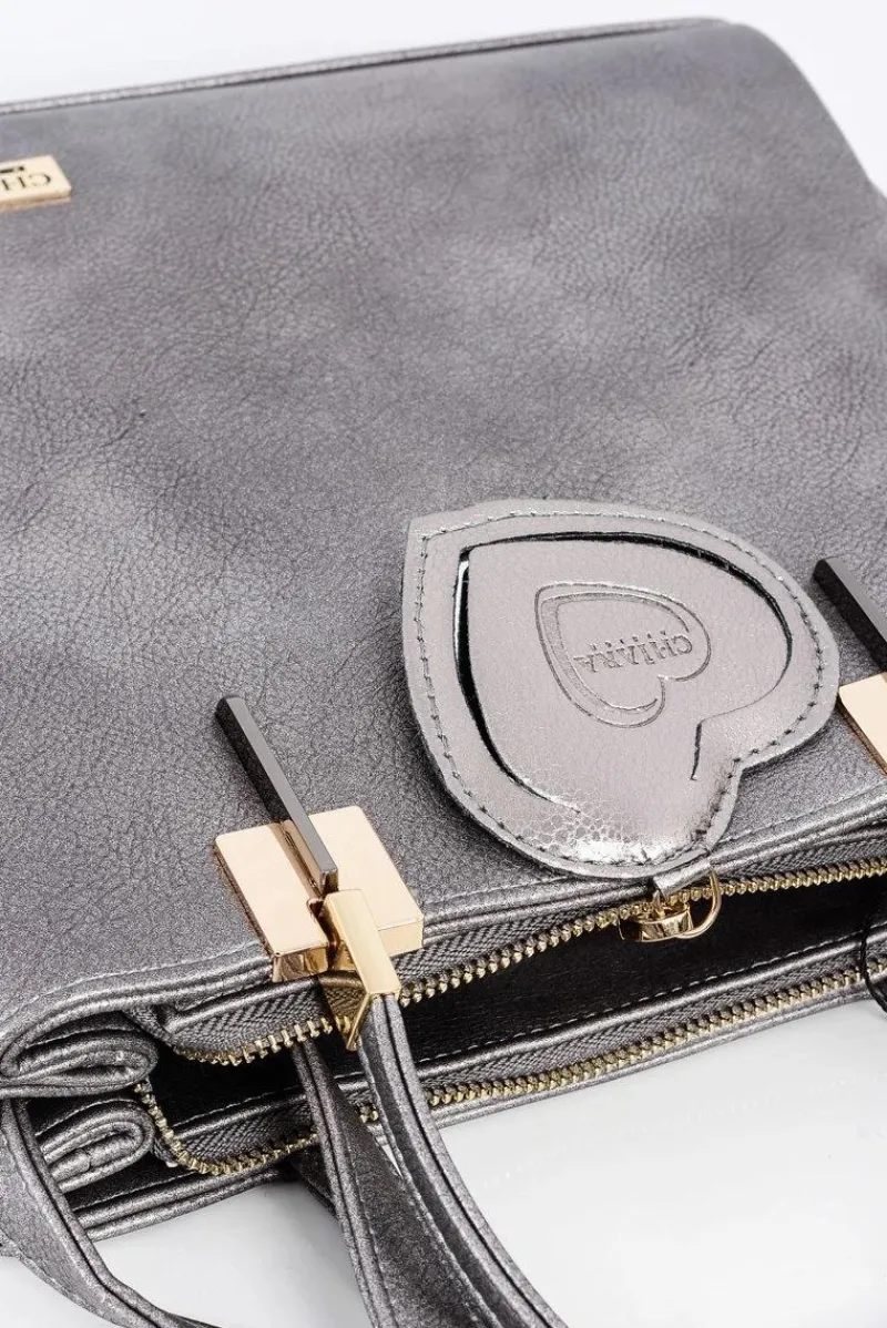 Torebki Nobo|Torebki Kuferki>Boto Duża Srebrna Torebka Damska + Saszetka + Lustereczko POLSKA